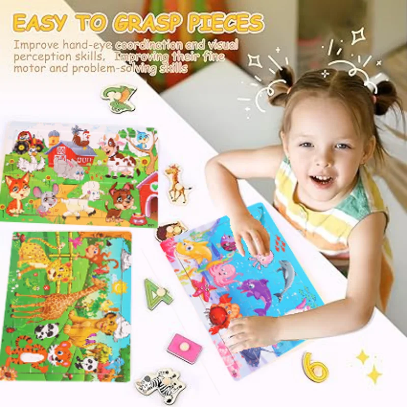 Économie 30 pièces Montessori 3D Puzzle dessin animé Animal en bois Puzzle jeu de société jouets éducatifs pour enfants âgés 3 cadeaux