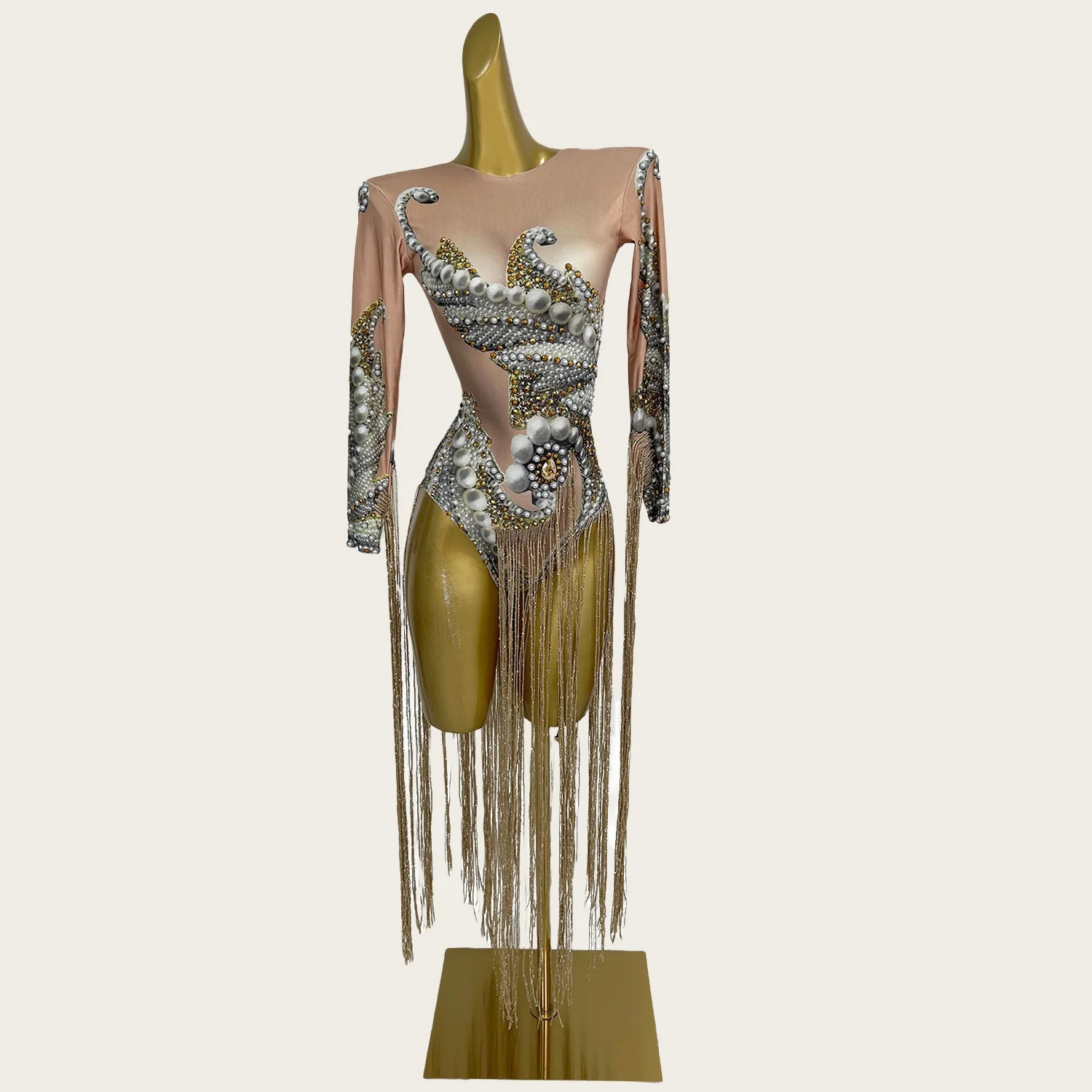 

Chuanchuanxiang обтягивающее боди с длинными рукавами и кисточками и стразами, женский наряд для латинских танцев, одежда для ночного клуба, концерта, сценической одежды