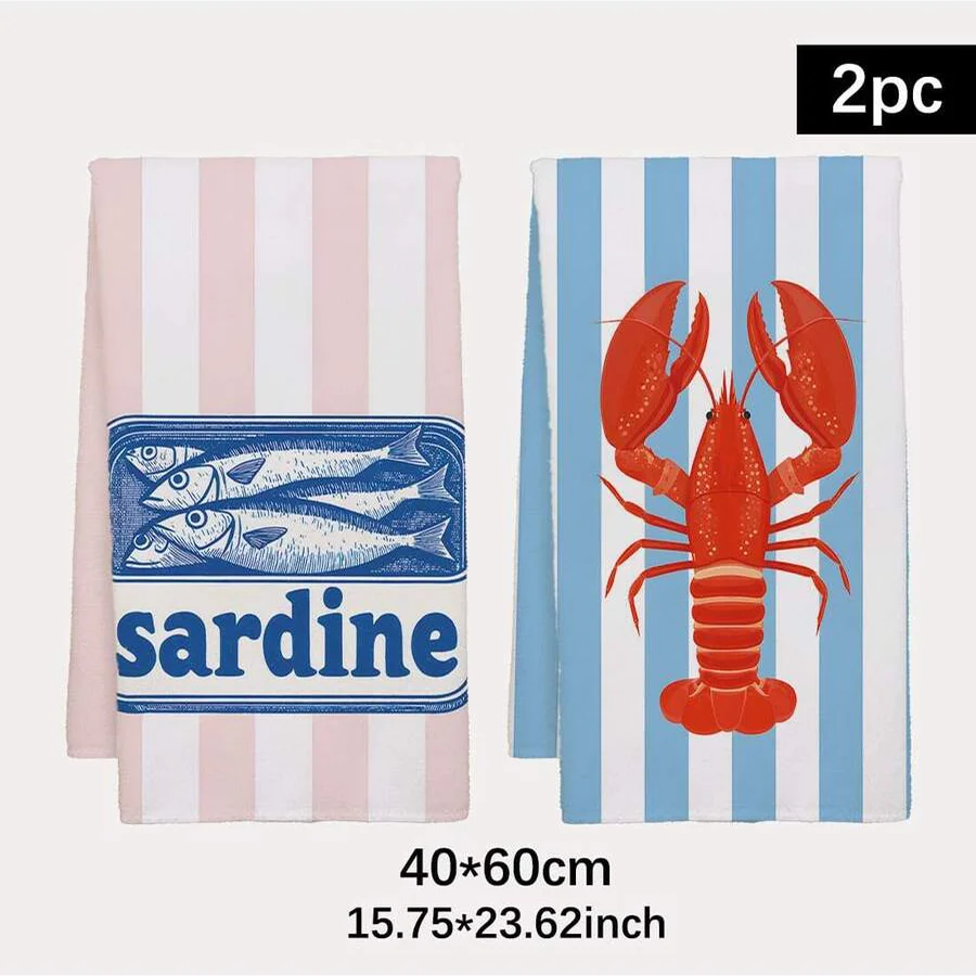 2Pcs, Striped Sardine and Lobster Kitchen Towels, 40Cm*60Cm Towel Set, Best Kitchen Towels, Super Absorbent Soft Cleaning Cloth, Cooking and Baking Tea Towels, Hand Towels, Cleaning Cloths, Dishcloths, Kitchen Decor, Living Room Decorations, Kitchen Essentials, Home Essentials