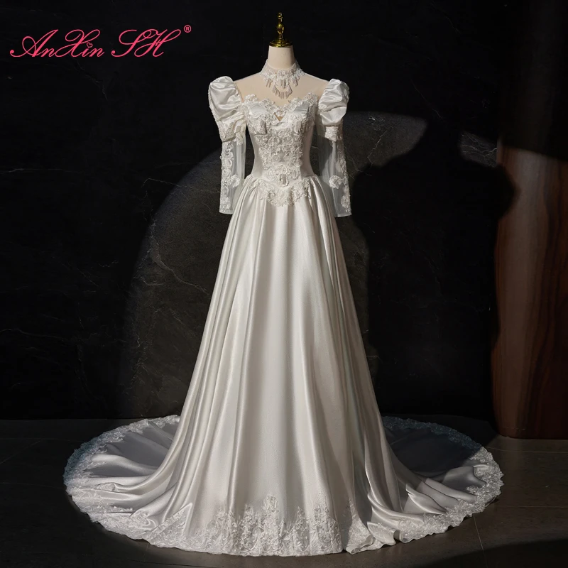 AnXin SH-Robe de mariée en satin blanc vintage, col rond, illusion rétro, manches longues, perles perlées, mariée faite à la main, personnalisée, 50