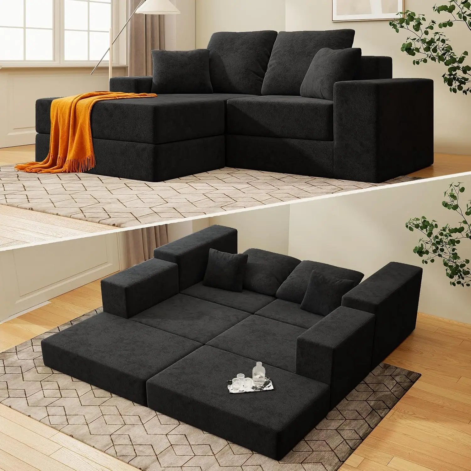 Modular Sectional Sofa, Comfy Boneless L-Shaped Couch with Reversible Chaise, Sleeper with Non Slip Deep Seat, Black, Customized