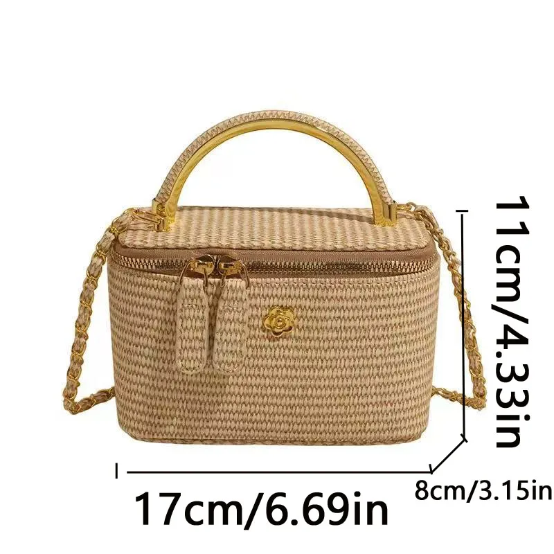 2026 New Woven Pattern Box Bag Small Fragrance Chain Shoulder Bag Golden Handle Handbag Women's Seaside Vacation Commuting Bag image 6