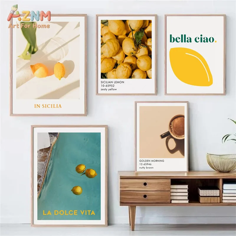 AZNM La Dolce Vita Sicilian Lemon Canvas Wall Art Bella Ciao Mediterranean Style Kitchen Dining Room Aesthetic Decor Poster Unfr