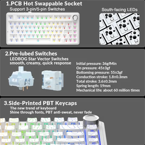 AULA F75Pro Прокладка Беспроводная игровая механическая клавиатура RGB Индивидуальная раскладка 75% Колпачки клавиш из ПБТ с боковой гравировкой