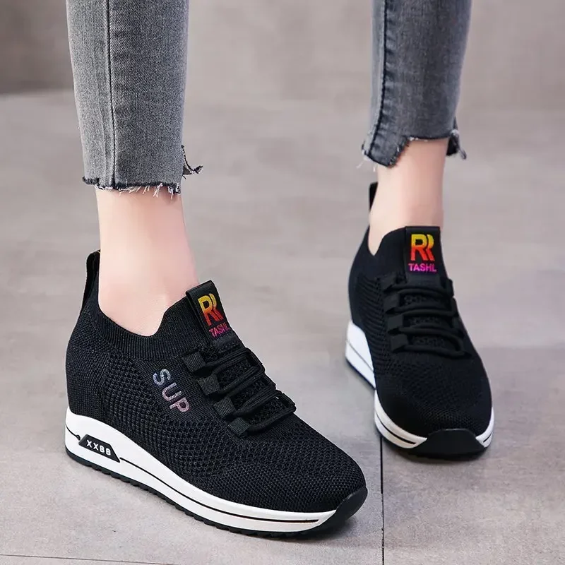 Hot Sale Women Shoes 2023 Summer Hidden Heel Wedges White Pink Sneakers Female Platform Breathable Mesh Black Heels Casual Shoe