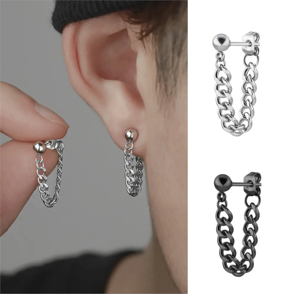 Punk Steel Chain Stud Earrings For Men Hip hop Black Color Tessel Piercing Jewelry Gift Fashion Rock Ear Accessories Male KAE278