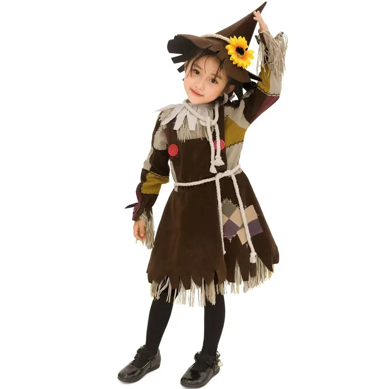 Costumi di Halloween per ragazze Cosplay Costume da spaventapasseri per bambini Abito con toppe di zucca Abito da festa per spettacoli teatrali per bambini