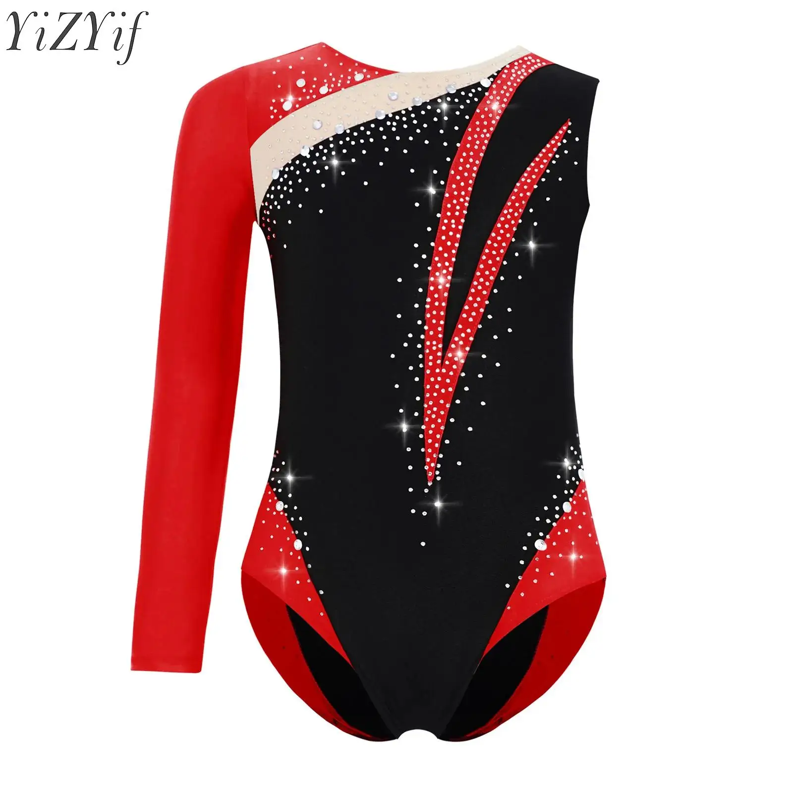 

Kids Girls Ballet Gymnastics Dance Leotard Figure Skating Workout Yoga Dancewear Rhinestones Color Block Asymmetrical Bodysuit