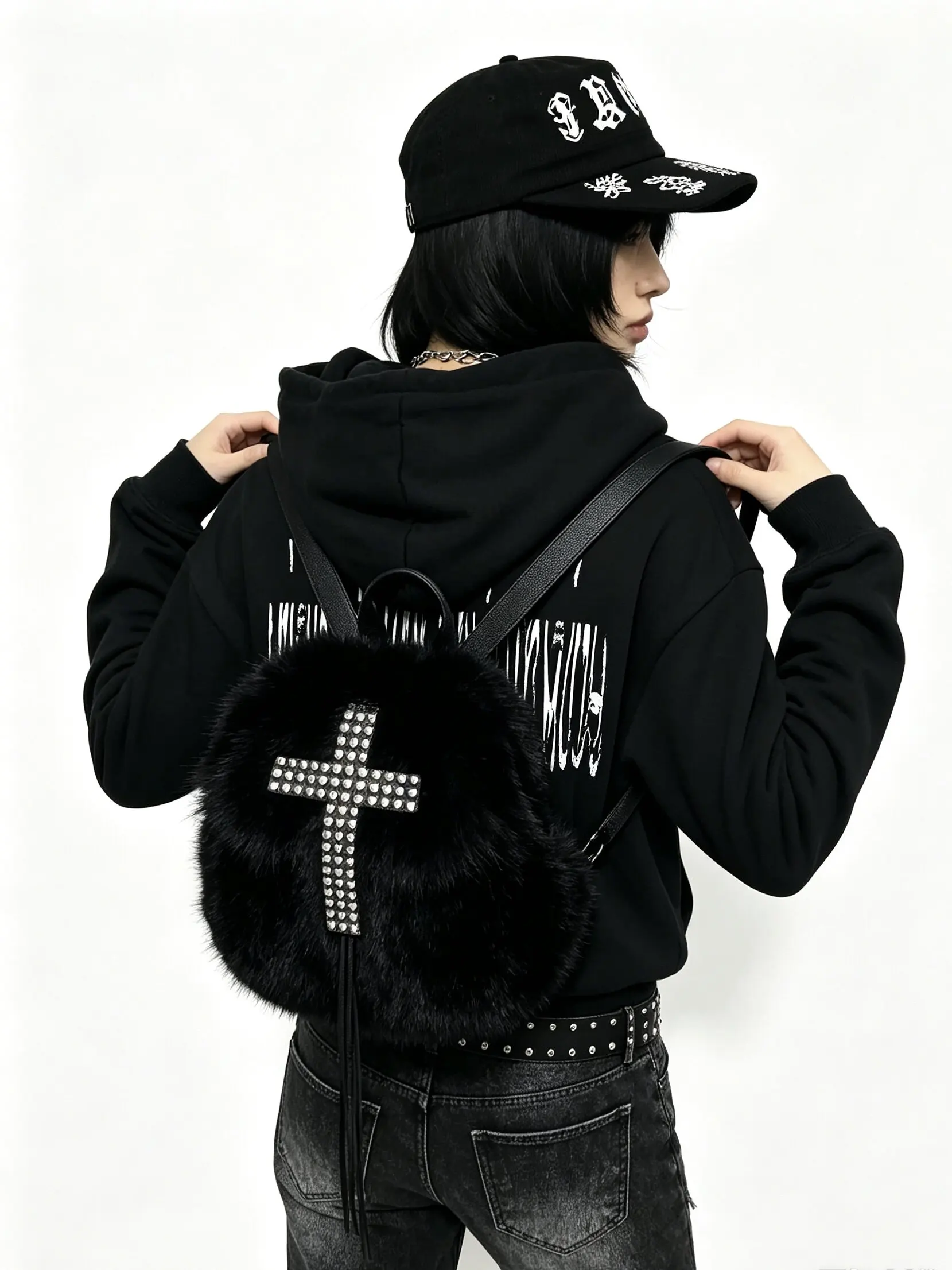 Gothic Cross Plush Backpack Autumn and Winter Y2K Mini Schoolbag Commuter Small Backpack