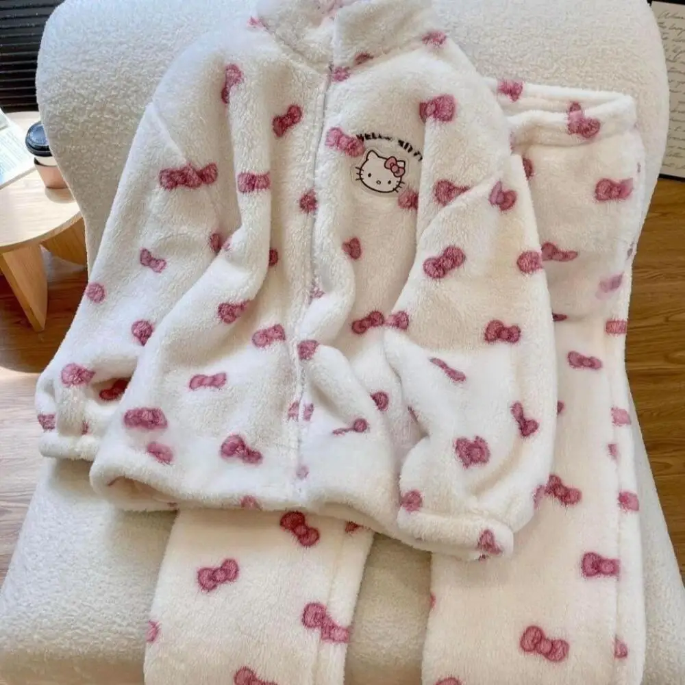 حار سانريو مرحبا كيتي الفتيات المخملية الدافئة منامة مجموعة أنيقة سيدة الترفيه الحلو سستة Homewear قطعتين مجموعة المرجان الصوف