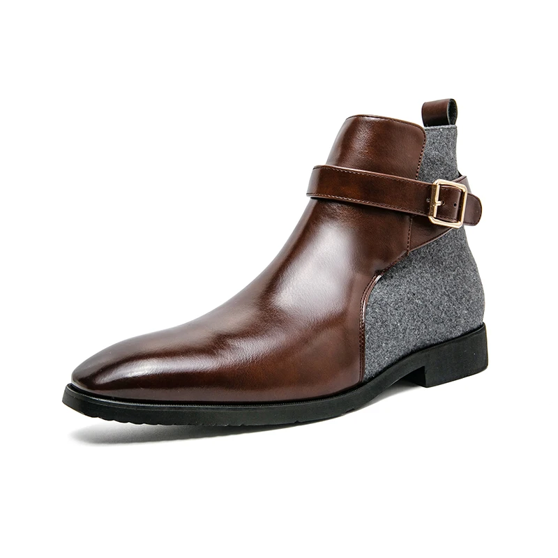 Men Buckle Decor Square Toe Dress Boots Business Office Dress Shoes