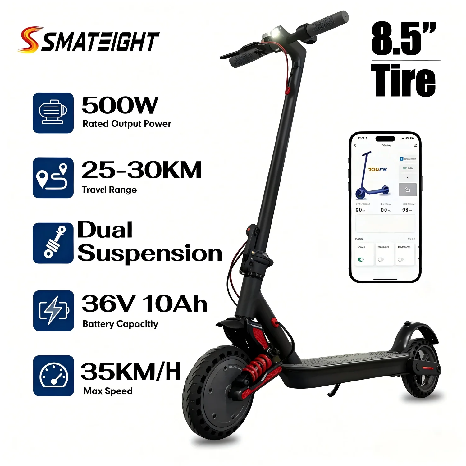 

Foldable Electric Scooter For Adult 36V 10AH 500W Motor E-Scooter 20mph Max Speed 20miles Range 8.5inch Tire E-Scooter With App