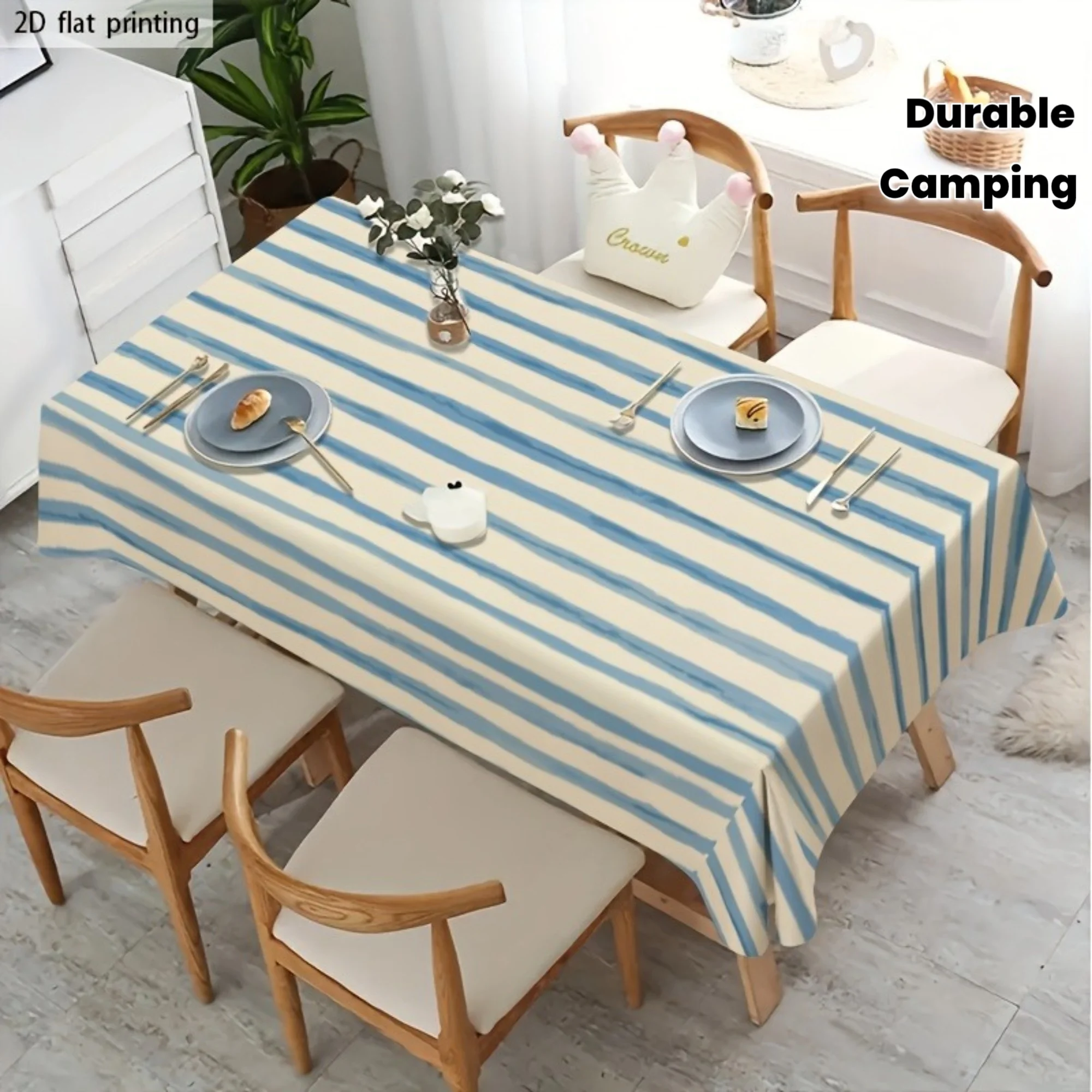 1pc beautiful blue and white striped tablecloth, made of durable polyester, suitable for wedding decoration.