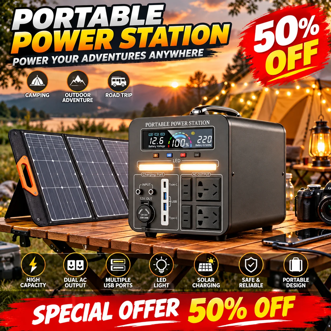 600W portable charging station 220V LiFePO4 battery 480WH/600WH for solar energy, off grid electrical backup power RV travel