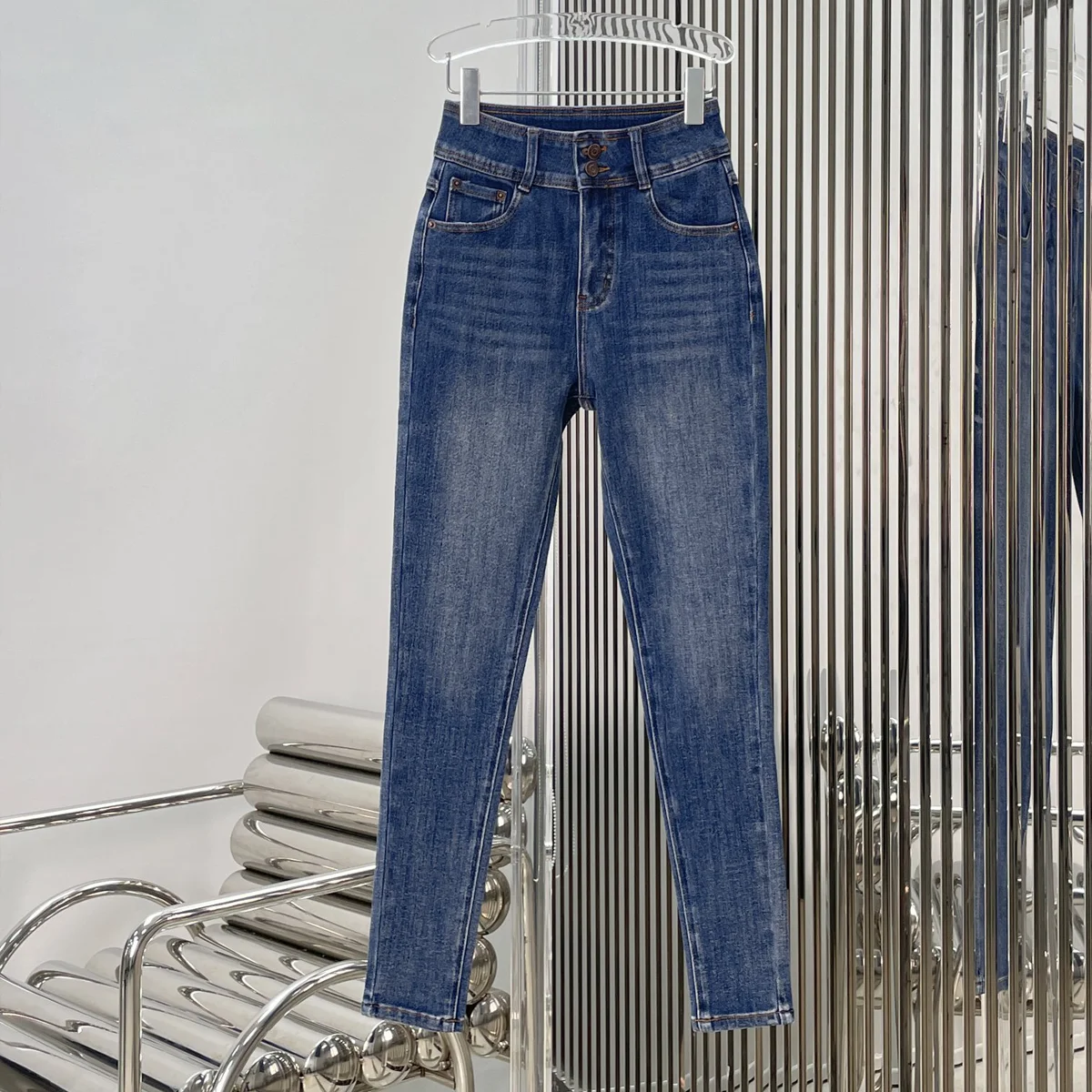 High Quality Women Double Button High Waist Skinny Jeans Slim Fit Stretch Ankle Length Denim Pants 127462