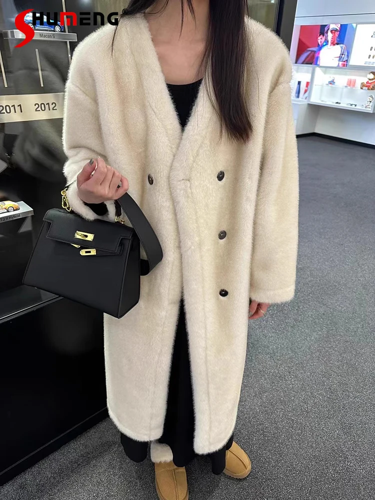 

Fashion Fur Large Overcoats Warm Thickened Double Breasted V-neck Artificial Mink Hair Long Sleeve Solid Color Fur Coats