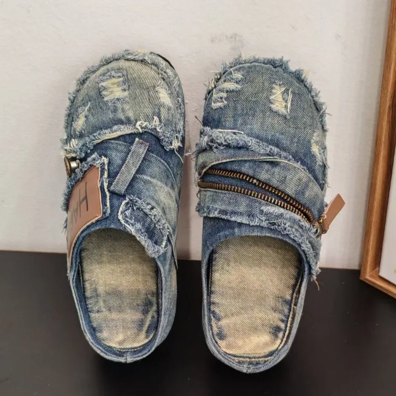 Light Blue Denim Mules with Frayed Edges, Distressed Holes + Metal Zipper Design, Easy Slip-On Style, Retro Trendy and Versatile