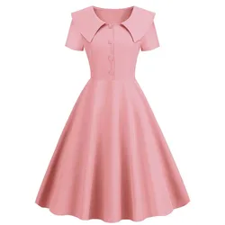 Vintage 50s Ladies Solid Pleated Dress Elegant Peter Pan Collar Women Summer High Waist Rockabilly Pinup Party Midi Sundress
