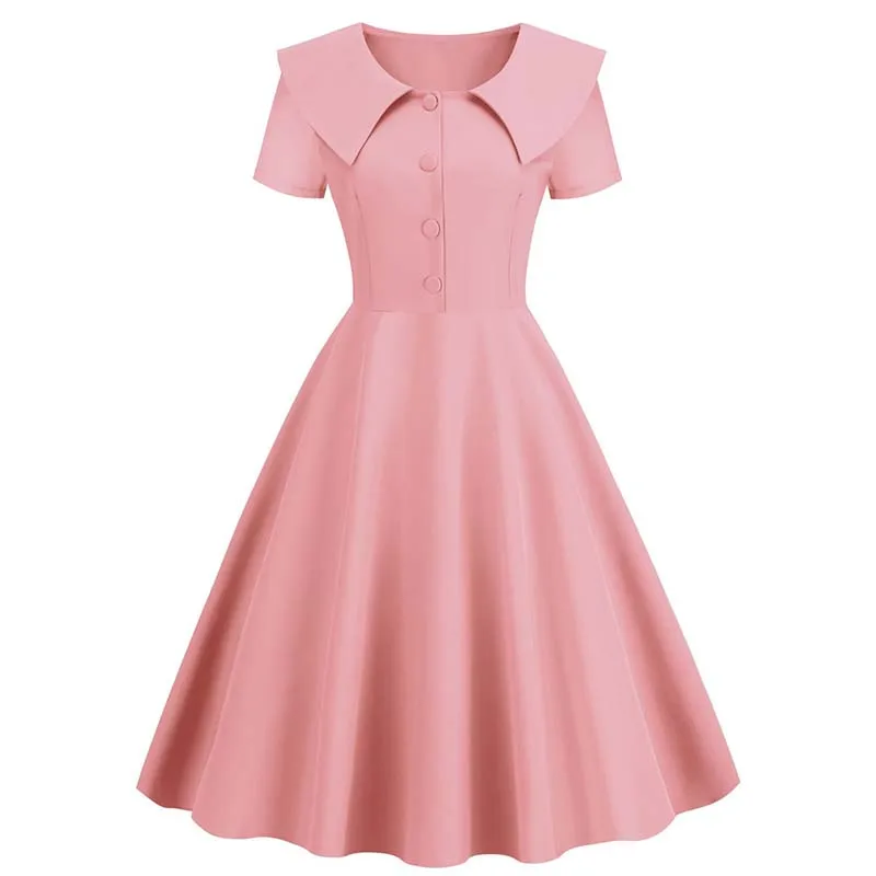 Vintage 50s Ladies Solid Pleated Dress Elegant Peter Pan Collar Women Summer High Waist Rockabilly Pinup Party Midi Sundress