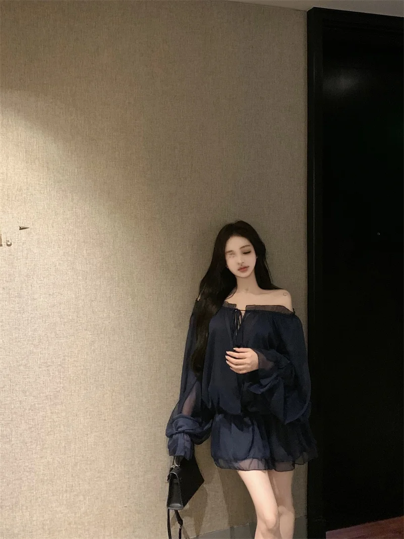 

White Long Sve Chiffon irt Women's Spring Flower Loose Design Sensual oulder One Word irt Korean Sle Commute