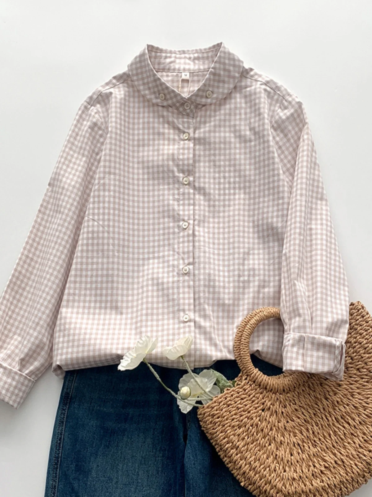 

Casual Plaid Long Sve irt Women's Spring Versatile Loose Single Button Small Collar Top Commute Sle Retro Pattern