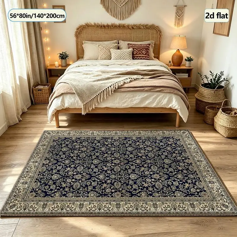 Dark Blue Vintage Oriental Floral Carpet Traditional Square Carpet Non-Slip Decorative Floor Mat for Home Use