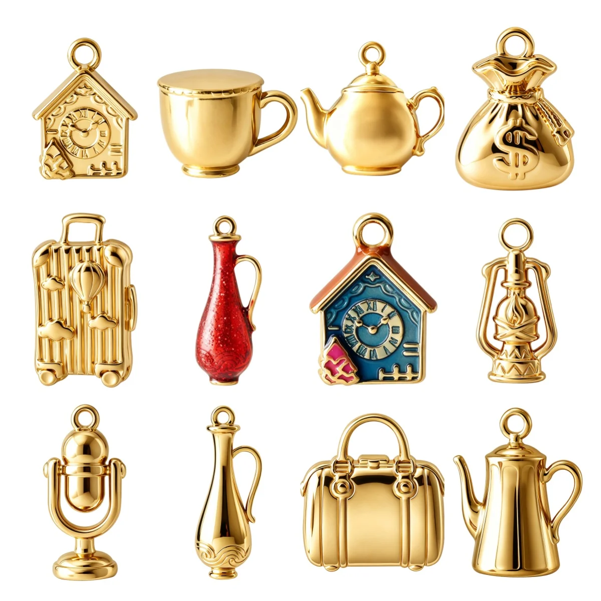 3Pcs Gold Plated Enamel Charms Vintage House Clock Teapot Vase Suitcase Money Bag Microphone Oil Lamp Pendants DIY Jewelry Gift