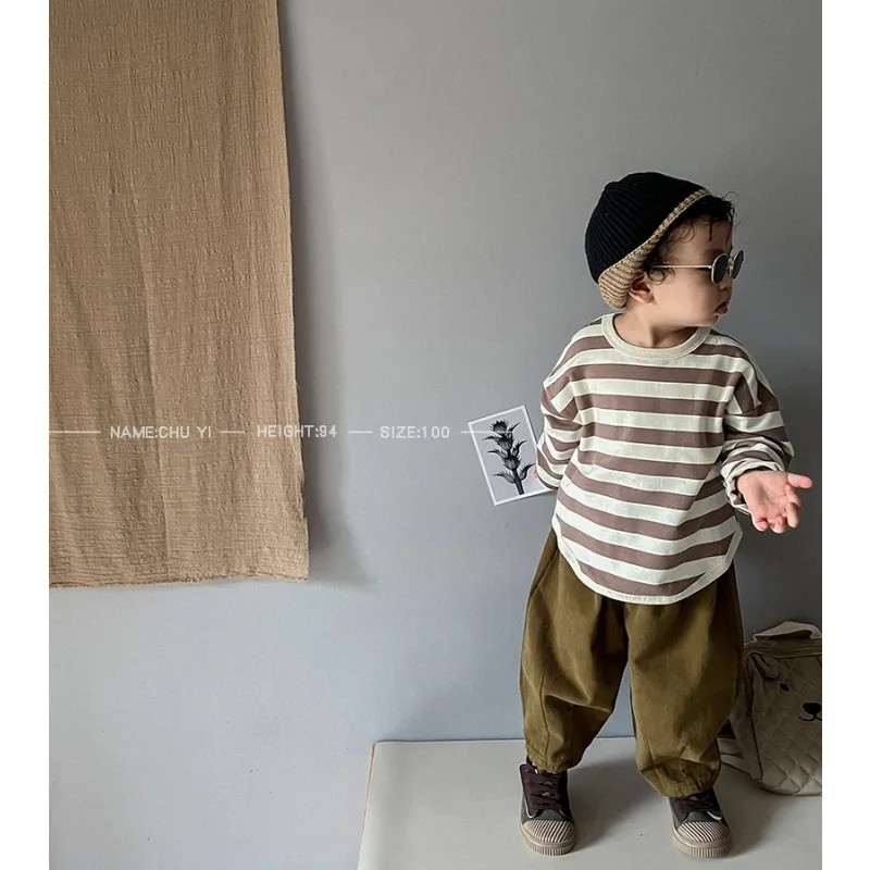 Kids Striped Long Sleeve T Shirt Crew Neck Loose Casual Basic Tops Boys Girls Daily Undershirt