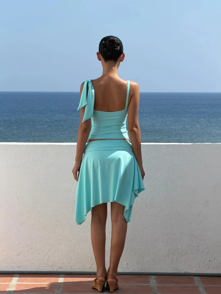 Y2K Beach Women Solid Two Piece Dress Sets Sleeveless U‑Neck Crop Top Irregular Hem Skirt Casual Holiday Matching Outfits image 2