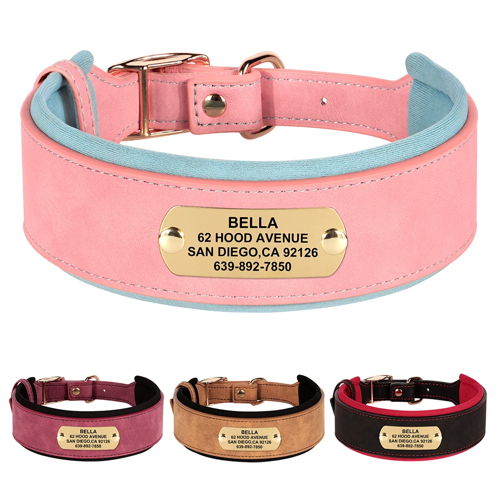 Customized Engraved Dog Collar Wide Leather Dog Collar Large Soft Padded Pet Dog Collars For Medium Large Dogs Free Engraving