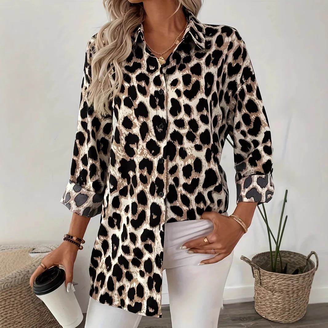 

Camisas De Mujer Elegantes Leopard Print Commuter Lapel Shirt Spring Summer Versatile Casual New Top Elegant Long-sleeved Shirts