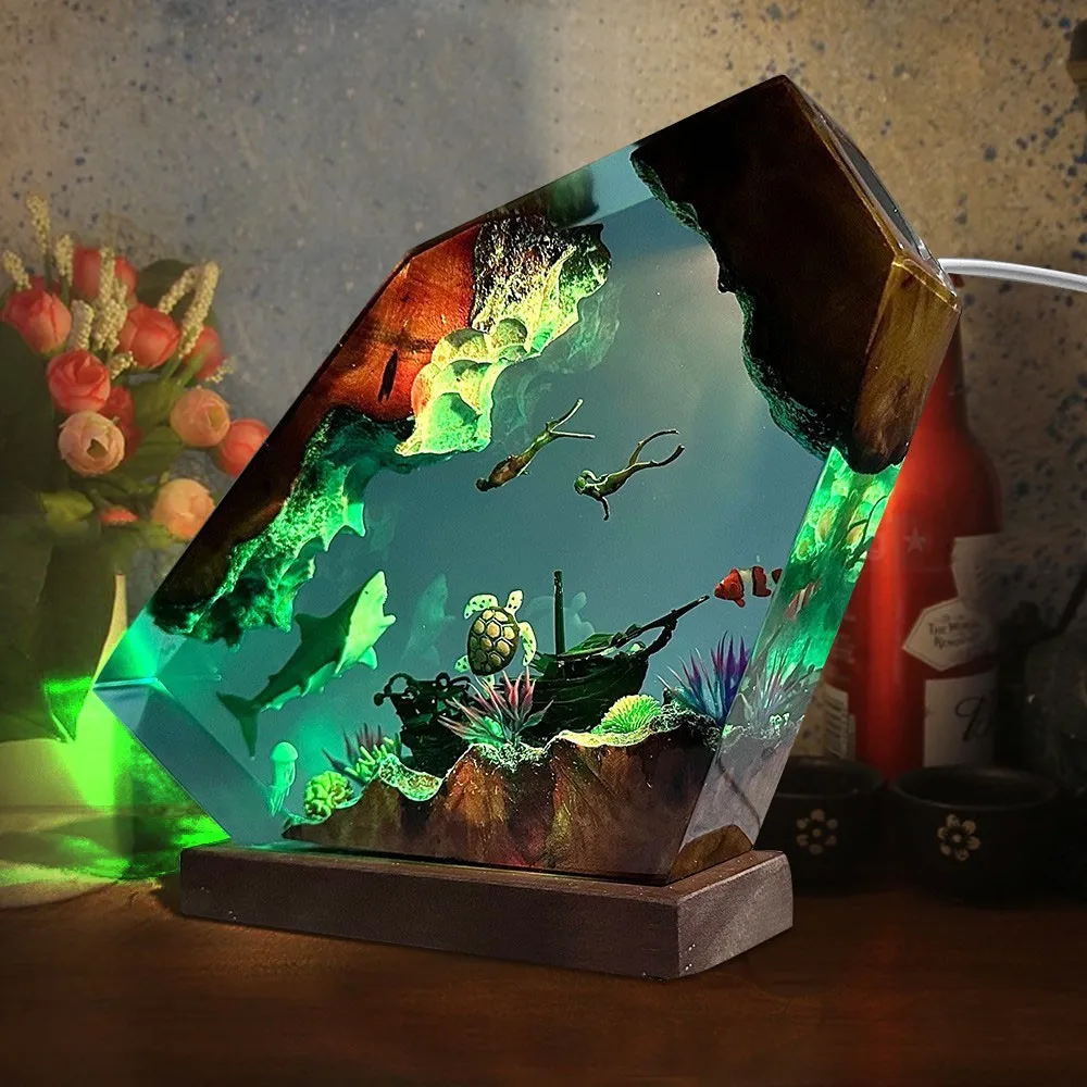 Resin Night Light Shark Turtle Diver Ocean Sea Animal Wood Epoxy Lamp Christmas Birthday Gift Desk Ornament Feng shui Christmas