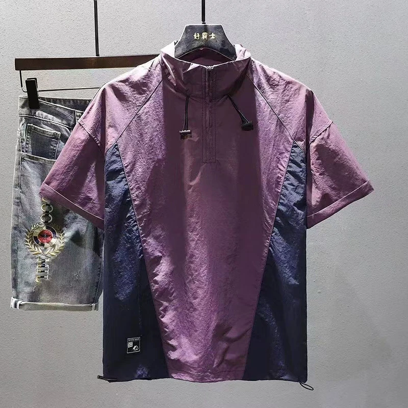 Men Ice Silk Quick Dry Short Sleeve Tee Summer Half Zip Stand Collar Color Block American Outdoor Functional Cargo Casual Top