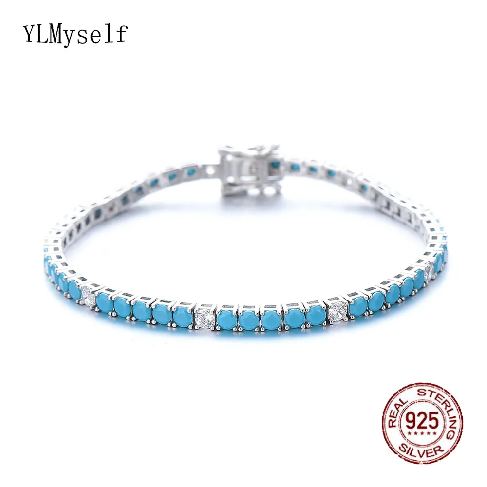 

3 mm Turquoise Stone Mix White Cubic Zircon 16/17/18cm Real 925 Jewelry For Women Pure Silver Tennis Bracelet