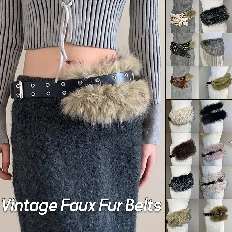 Vintage Faux Fur PU Leather Belt Y2K Furry Fur Belt Cowgirl Gothic Punk Sexy Waistband Night Club Waist Chain Jeans Pants Decor