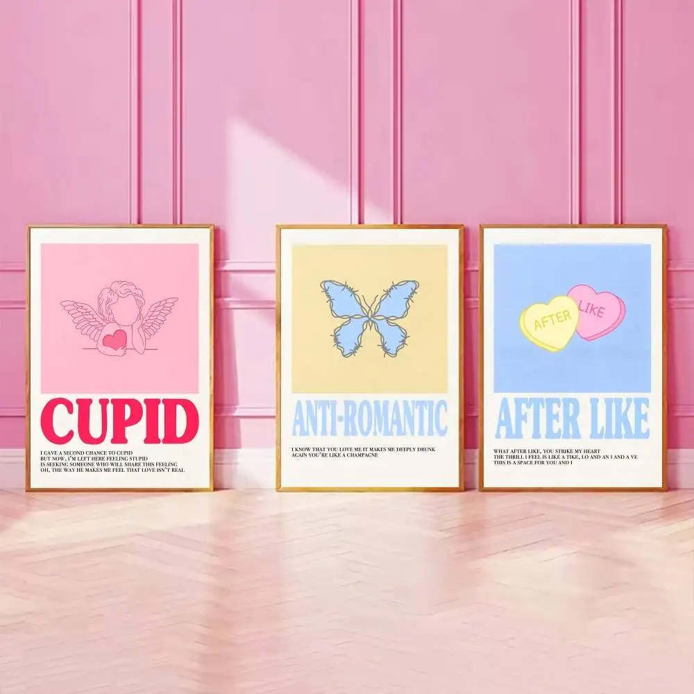 Pastel Y2K Kpop Song Lyric Music Album Paper Poster Cupid Butterfly Teddy Bear Line Art Wall Print for Girl Dorm Home Decor Gift