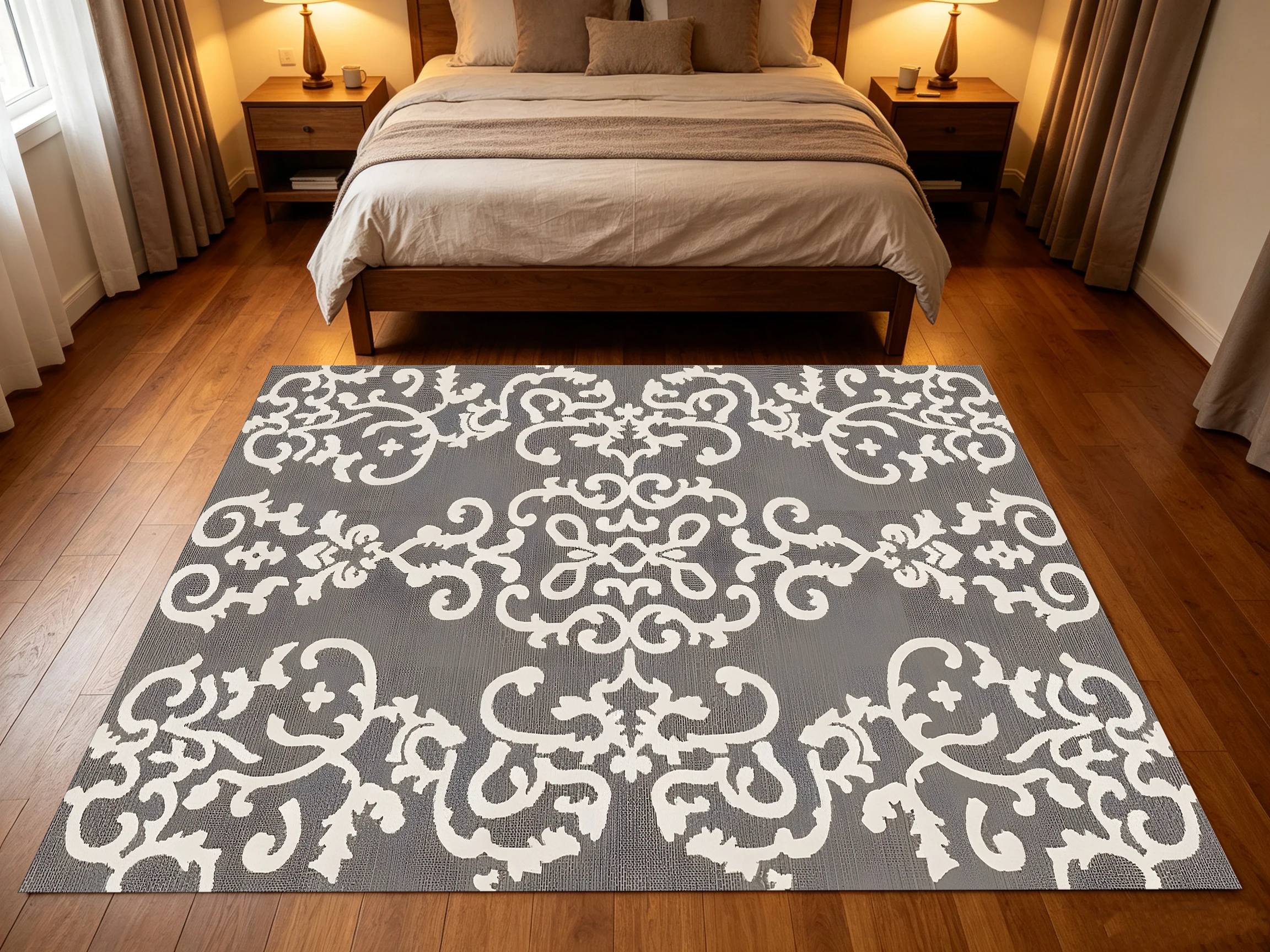 2D Large Rug in Gray & Off-White with European Retro Floral Pattern, for Living Room & Bedroom, Enhancing the Space with a High-End Feel