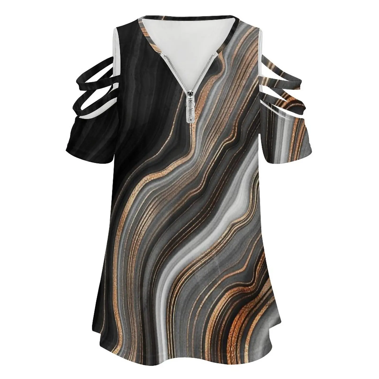 Elegant Black And Gray Faux Marble With Gold Veins Women's T-Shirt Summer Fashion Print Floral V-Neck Zipper Tshirt Hollow