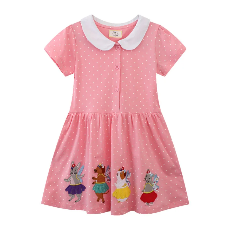 

Jumping Meters 2-7T Summer Girls Dresses Animals Embroidery Collar Buttons Dots Party Children's Clothes Toddler Frocks Costume