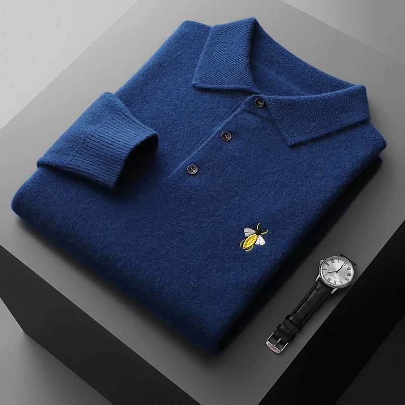 Spring  Autumn New Men\'s POLO Shirt 100% Pure Wool Knitted Top Fashion Embroidered Shirt Business Casual Long sleeved Pullover