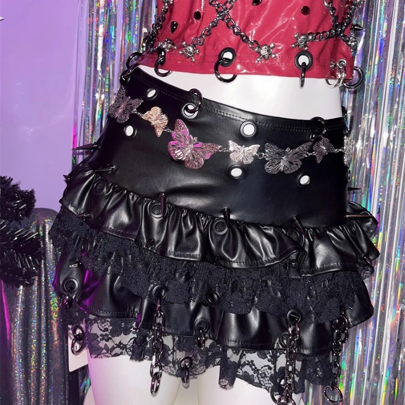 Punk Dark Y2K Hot Girl Spitze Nietenkette Damen Minirock Original Design Vielseitig Schwarz PU Leder Kuchen Kurze Röcke Damen