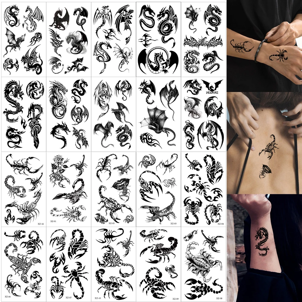 

10 шт., временные татуировки с драконом и скорпионом для мужчин и женщин, водонепроницаемые поддельные татуировки для рук, шеи и тела, наклейки