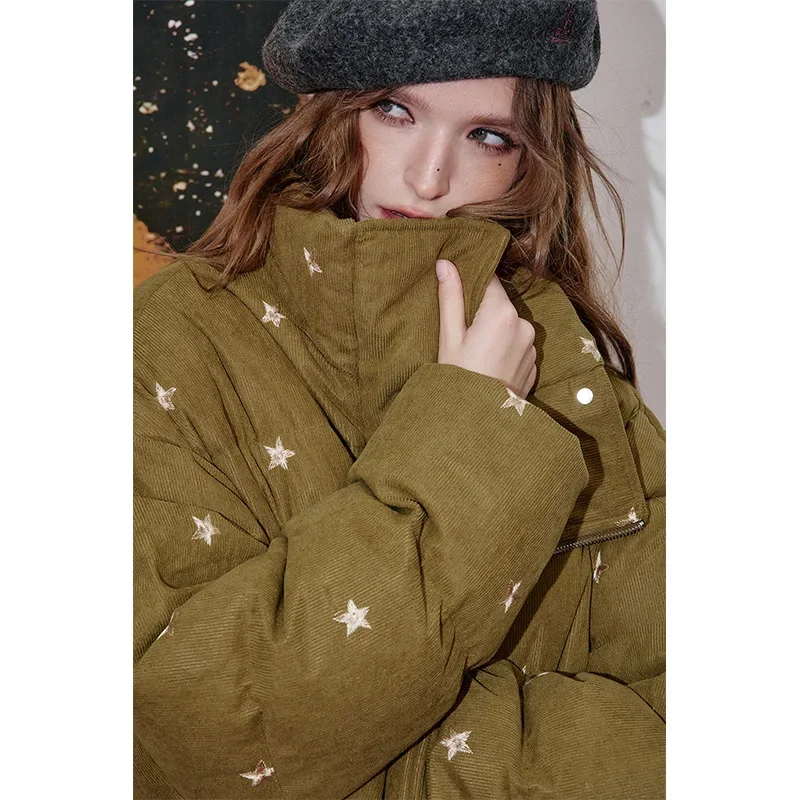 ELFSACK  Autumn  Casual Star Bow Small Embroidery Asymmetric Design For Woman Down Jacket