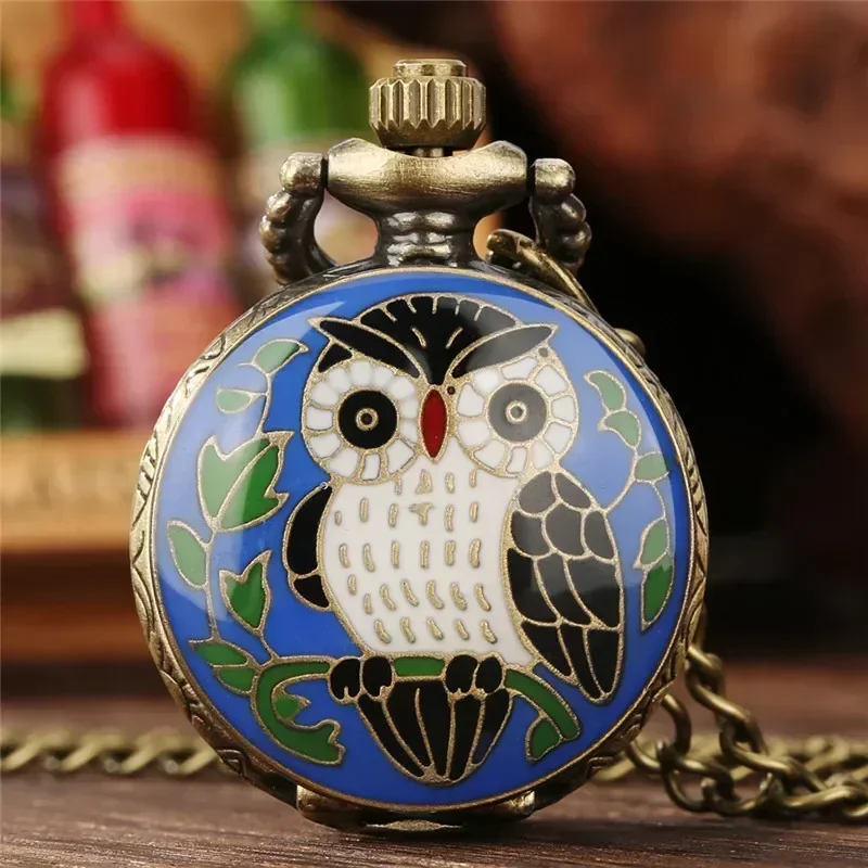 Lovely Owl Design Small Size Clock Animal Pocket Watch for Kid Unisex Quartz Analog Watches with Necklace Chain Collectable Gift
