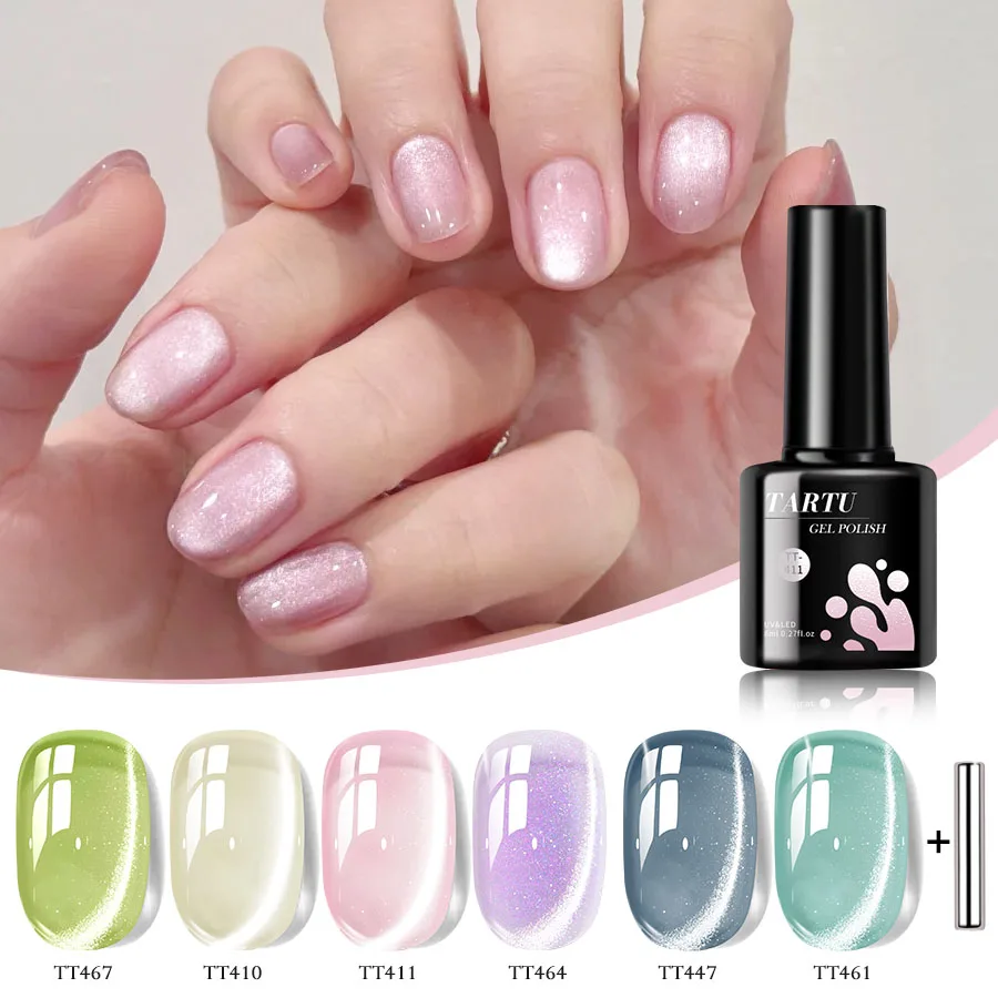 Set di smalti gel da 6 colori Cat-Eye viola, rosa, nero, giallo e verde da 8 ml, smalto glitter olografico con infusione LED/UV