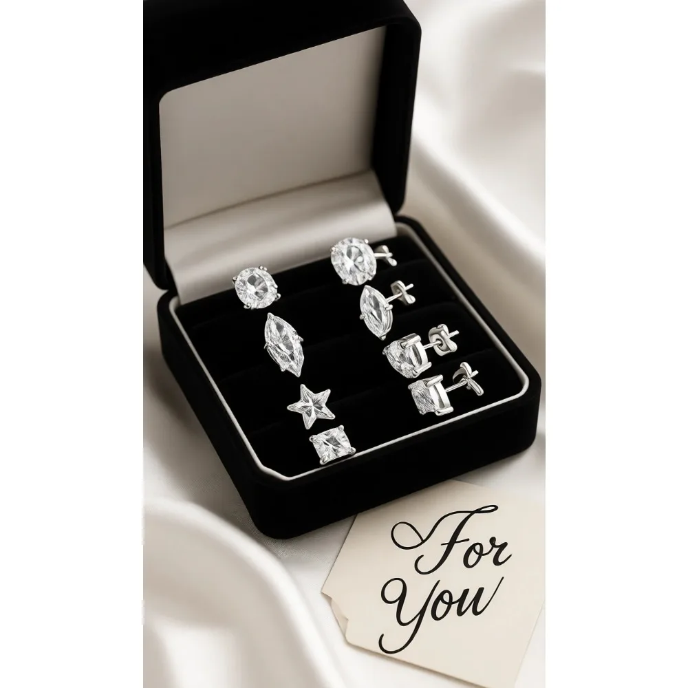 

Набор гипоаллергенных сережек-гвоздиков из нержавеющей стали 316L с фианитами 5А: 4 пары, 7 мм, круглые, квадратные, в форме сердца, овальные, звезды, маркизы, для женщин и мужчин