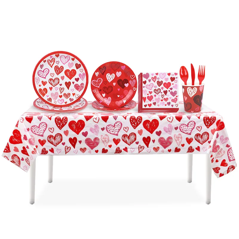 

Valentine's Day Decoration Disposable Tableware Love Heart Paper Plates Cups Tablecloth Romantic Wedding Anniversary Party Decor