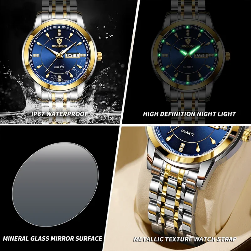 BINBOND أزياء السيدات كوارتز ساعة اليد الفاخرة الفولاذ المقاوم للصدأ للماء المرأة ووتش مضيئة الساعات النسائية الساعة الأصلية #6
