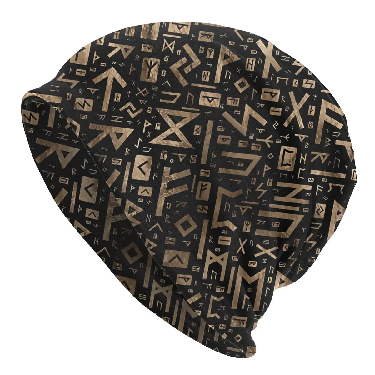 

Elder Runes Futhark Pattern Gold On Black Wood Viking Style Aesthetic Cap Pullover Warm Hat Beanie Street Punk Cap Gothic Unisex