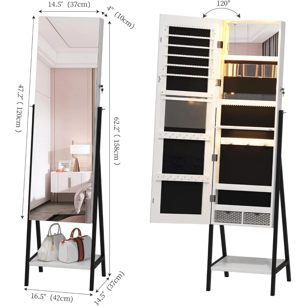 47.2”H Full Length Mirror with Jewelry Storage LED lighted Mirror Jewelry Cabinet Armoire, Standing Lockable Jewelry Organizer